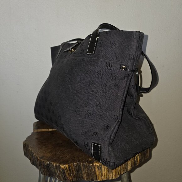 Dooney & Bourke Black Signature Jacquard Canvas Leather Trim Tote Bag w/ Pouch - Picture 3 of 16
